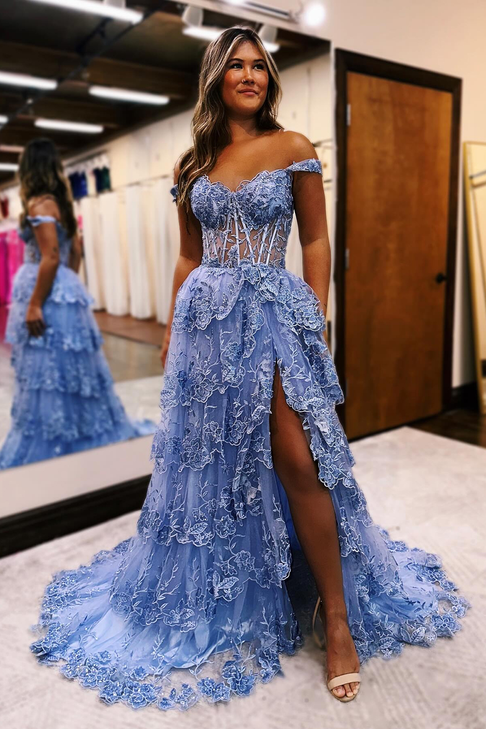Goegeous Grey Blue Off The Shoulder Long Tiered Prom Dress With Appliques