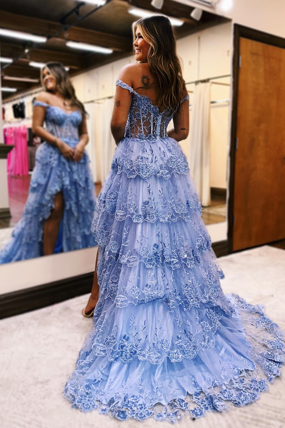 Goegeous Grey Blue Off The Shoulder Long Tiered Prom Dress With Appliques