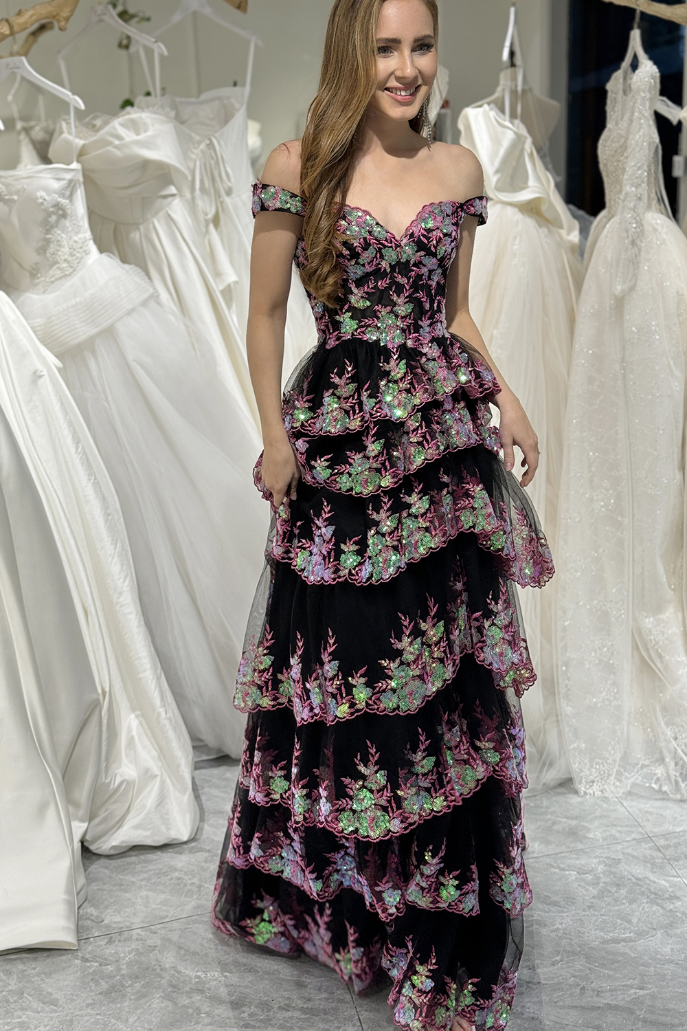 Gorgeous A-Line Off The Shoulder Tiered Prom Dress With Split
