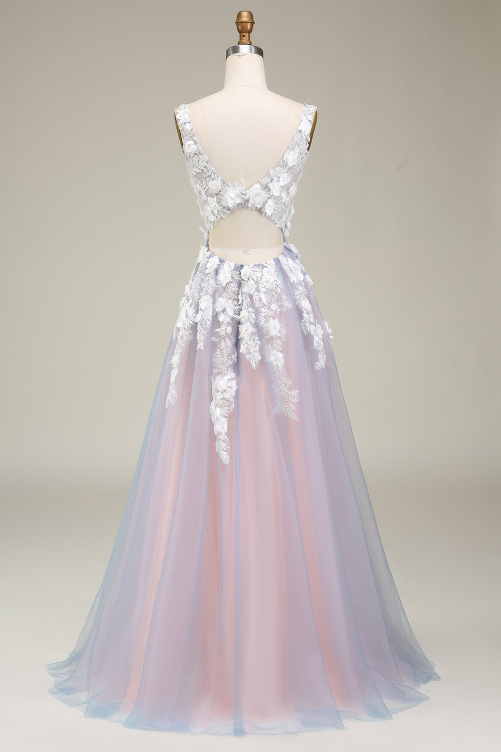 A-Line Keyhole Back Long Tulle Prom Dress with Appliques And Split