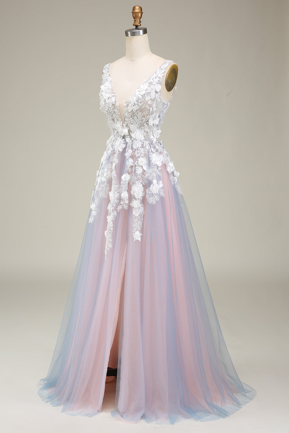 A-Line Keyhole Back Long Tulle Prom Dress with Appliques And Split
