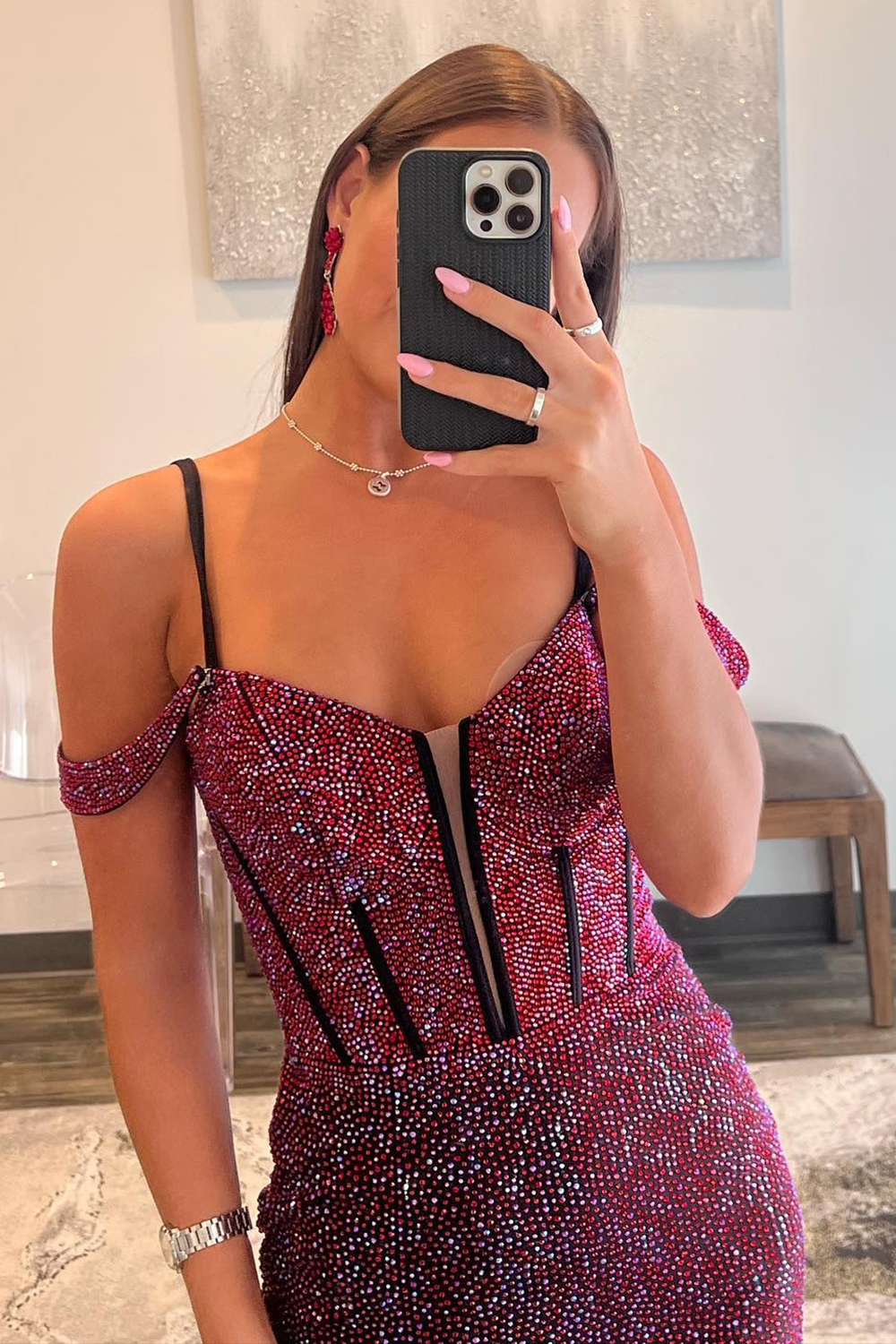 Luxurious Burgundy Mermaid Off The Shoulder Long Corset Beaded Prom Dress