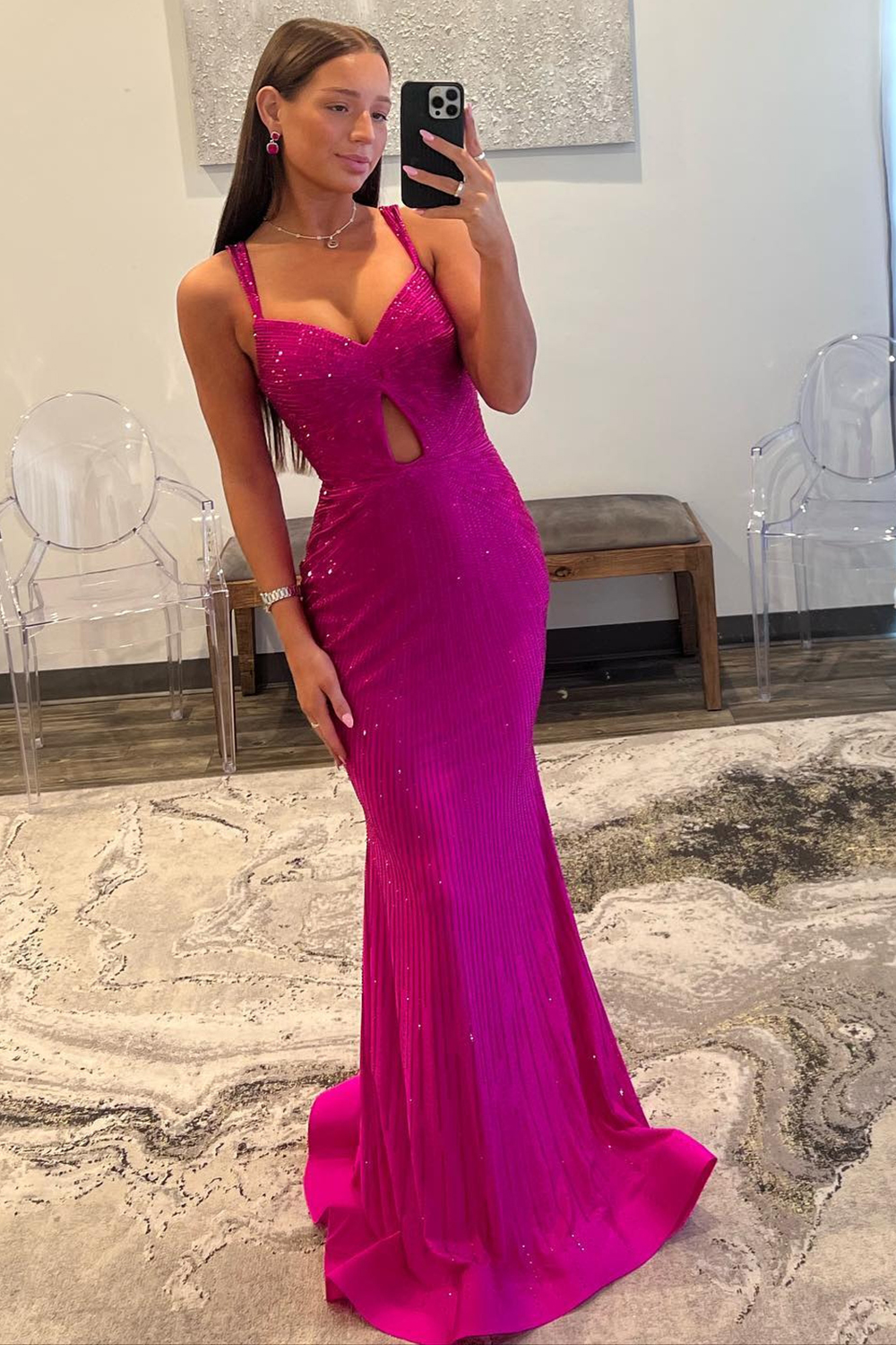 Shiny Fuchsia Mermaid Straps Long Corset Beaded Prom Dress