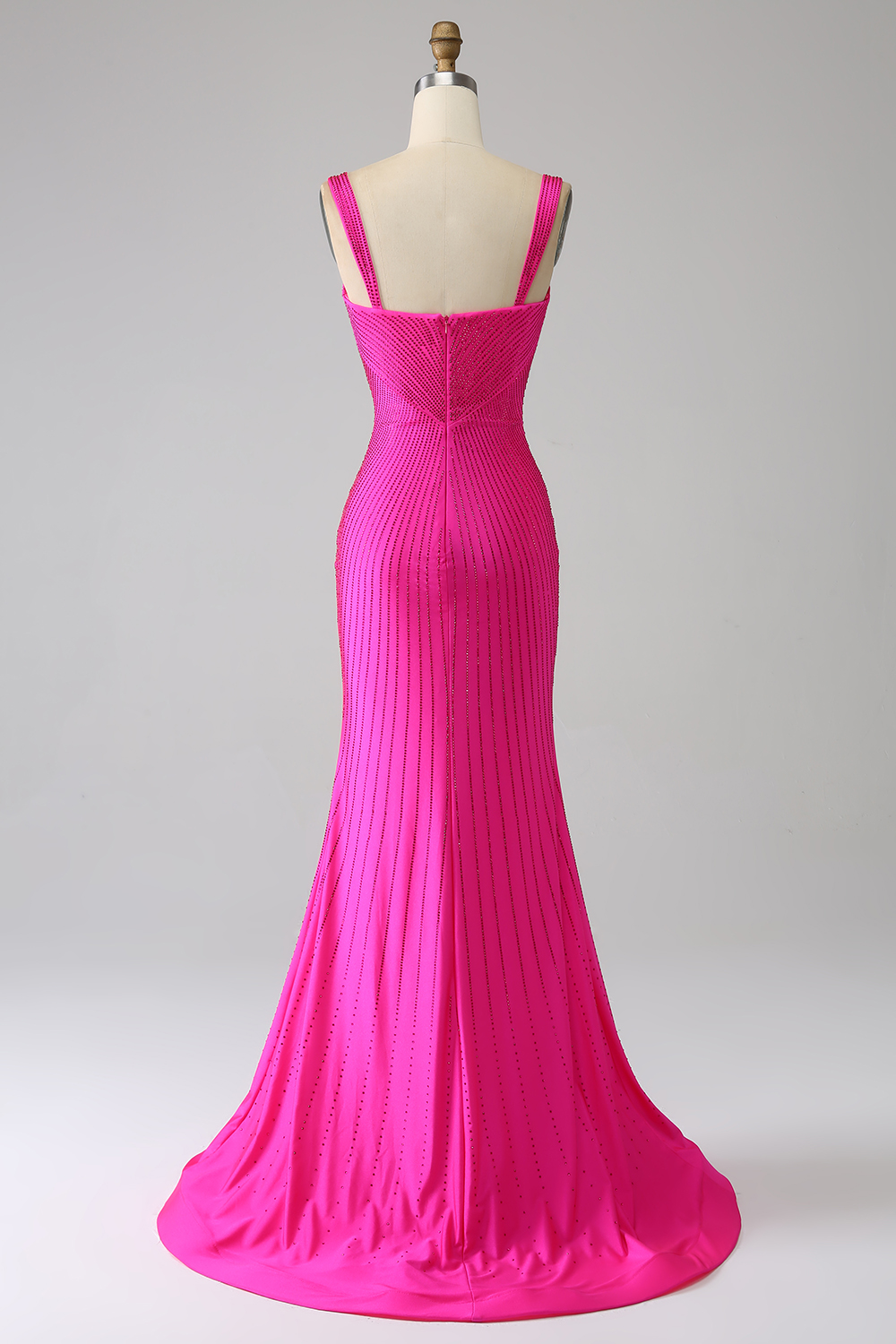 Shiny Fuchsia Mermaid Straps Long Corset Beaded Prom Dress