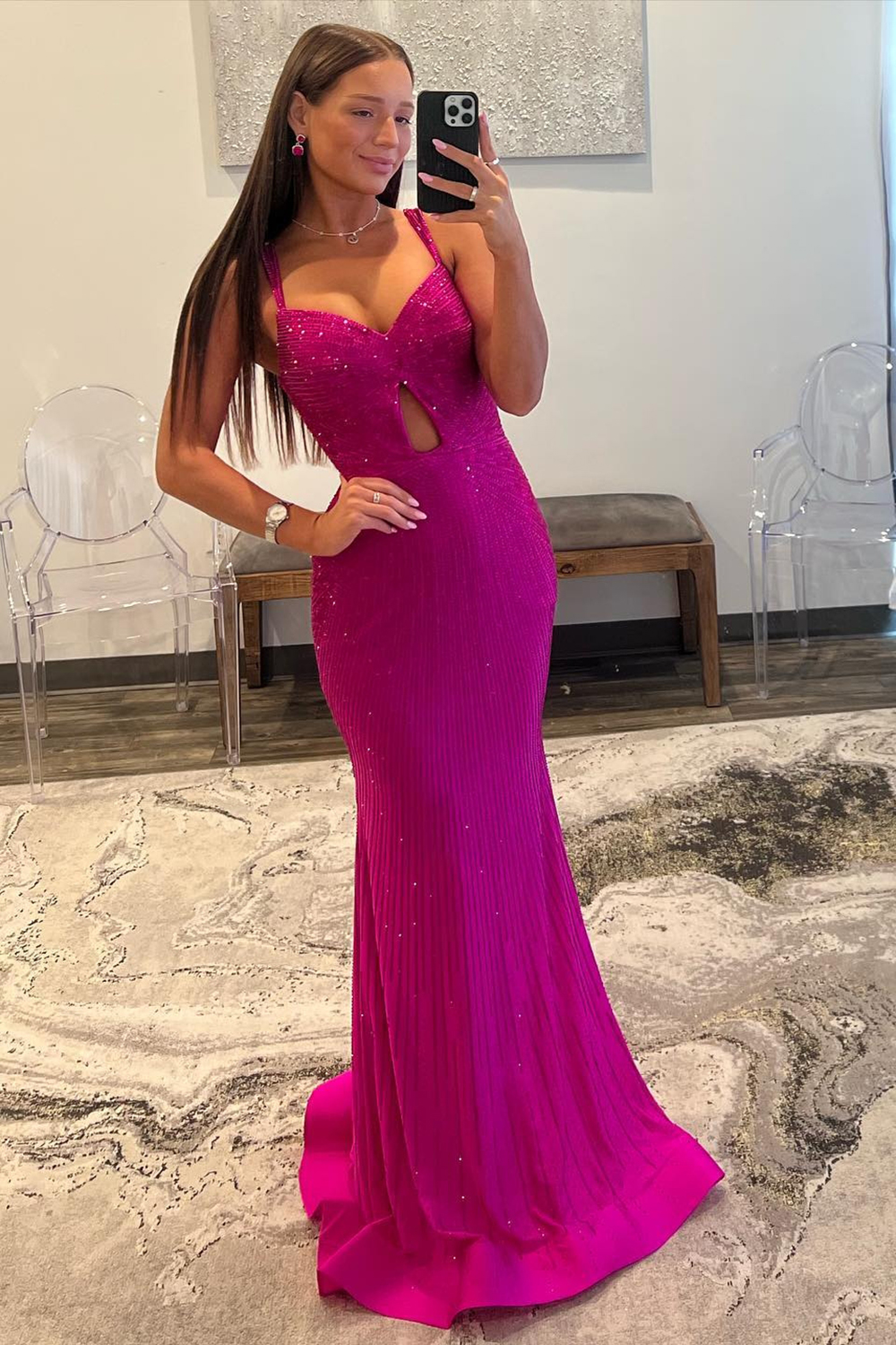 Shiny Fuchsia Mermaid Straps Long Corset Beaded Prom Dress