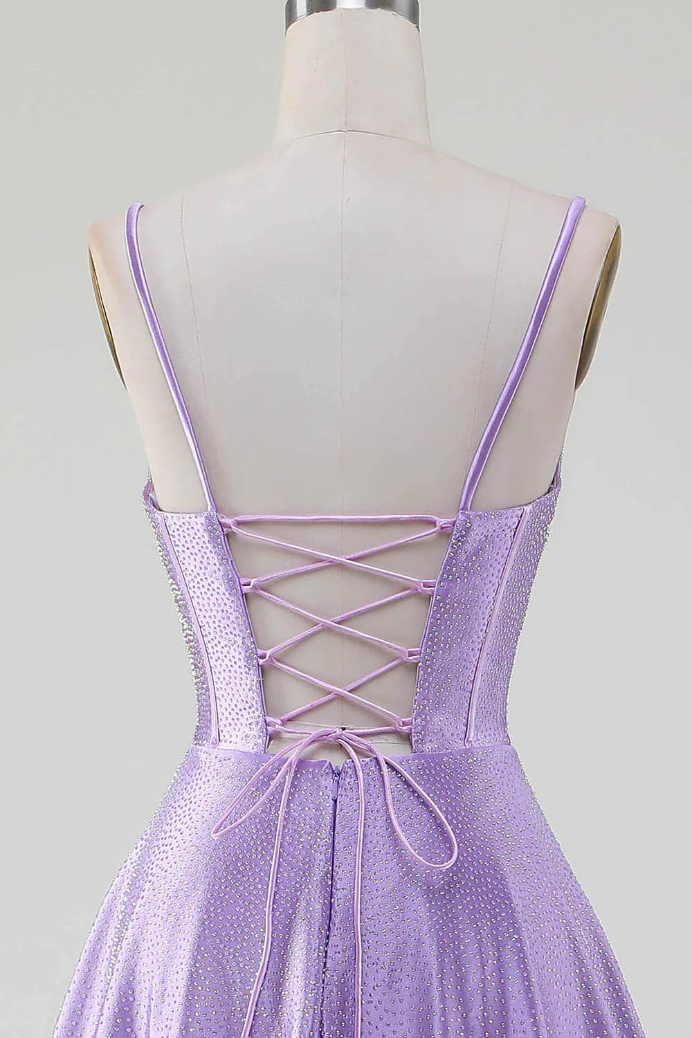 Lilac Glitter A-Line Spaghetti Straps Long Beaded Prom Dress with Slit