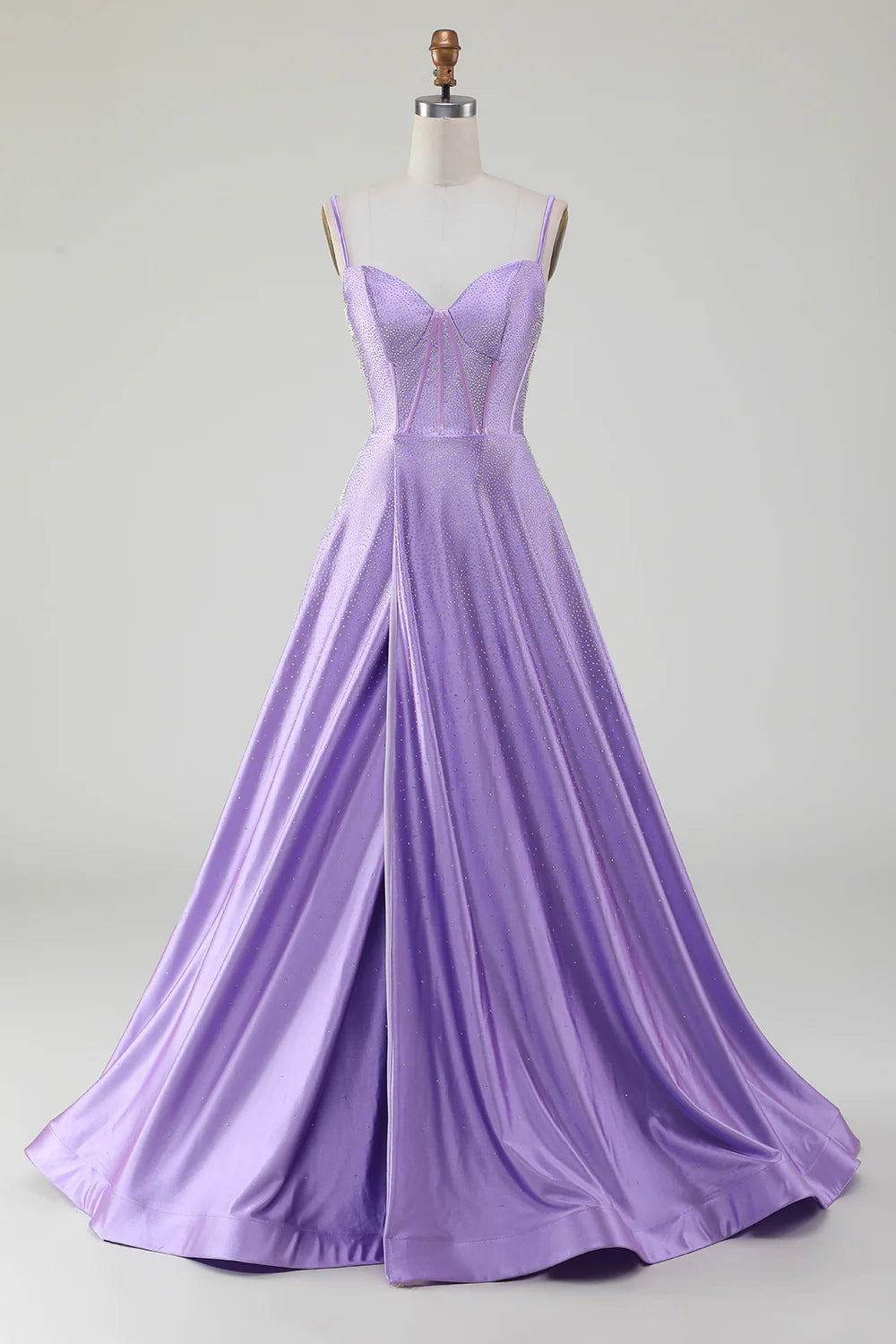 Lilac Glitter A-Line Spaghetti Straps Long Beaded Prom Dress with Slit