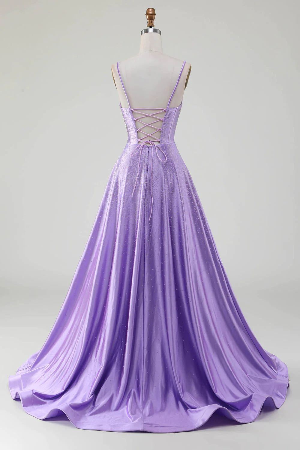 Lilac Glitter A-Line Spaghetti Straps Long Beaded Prom Dress with Slit