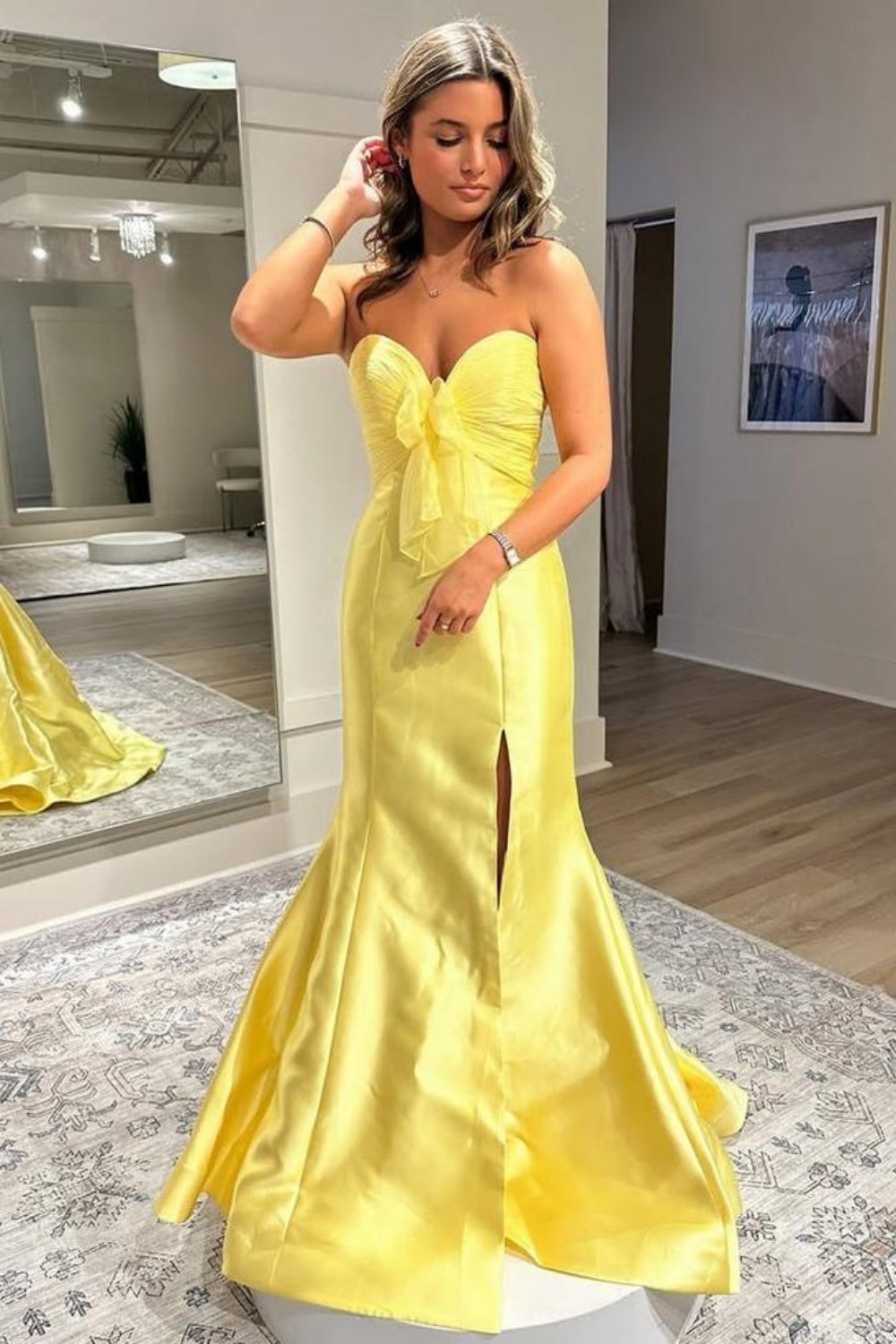Yellow Mermaid Strapless Satin Slit Prom Dresses