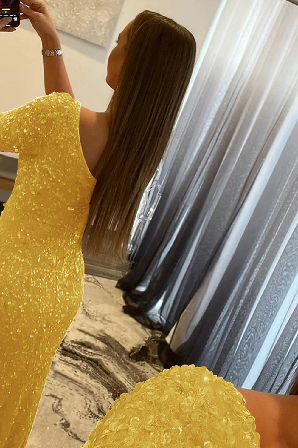 Mermaid Glitter One-Shoulder Single Sleeve Prom Dress With Sequins