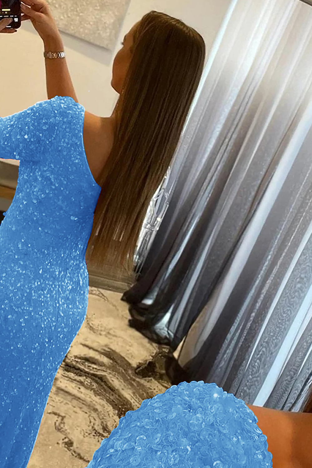 Mermaid Glitter One-Shoulder Single Sleeve Prom Dress With Sequins