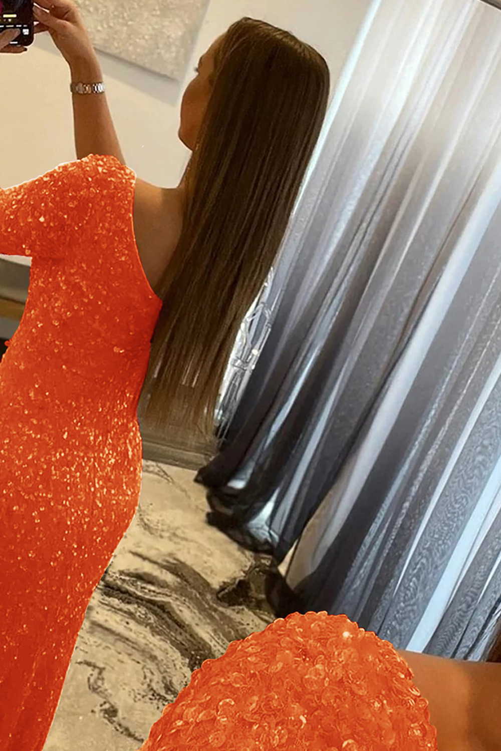 Mermaid Glitter One-Shoulder Single Sleeve Prom Dress With Sequins