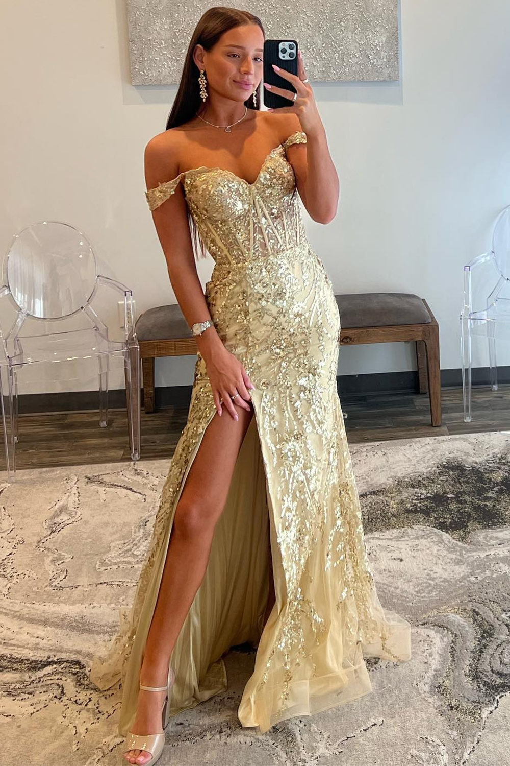 Golden Sparkly Off The Shoulder Mermaid Long Prom Dress with Slit