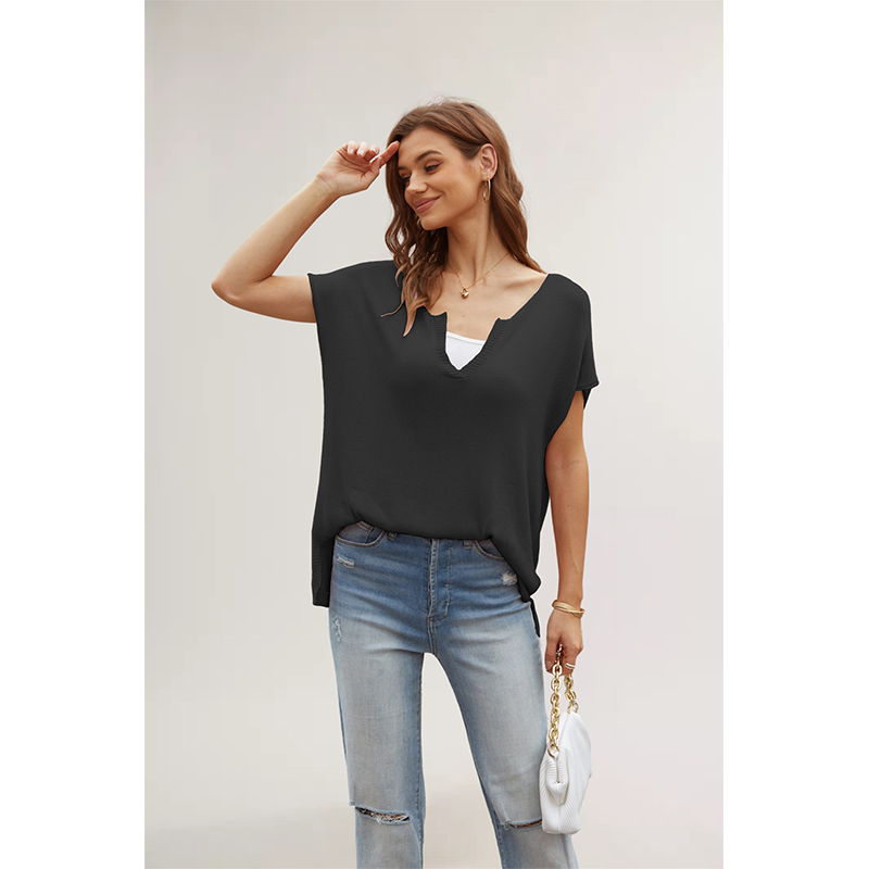 Summer women's new style V-neck solid color slit short-sleeved loose large size pullover sweater