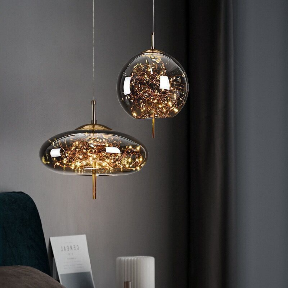 Nordic Kitchen Island Amber Glass Pendant Light Starry Sky 4-Head Chandelier