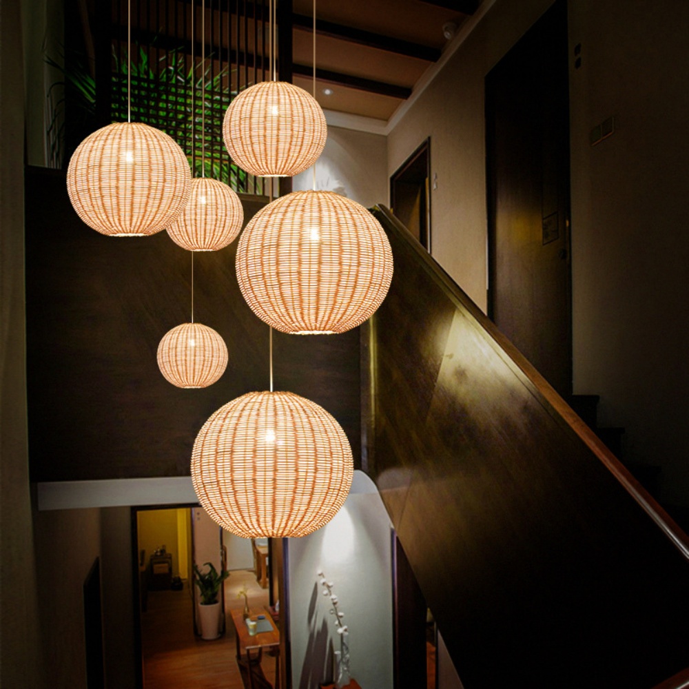 Wabi-sabi Rattan Pendant Light Living Room Staircase Lampshade