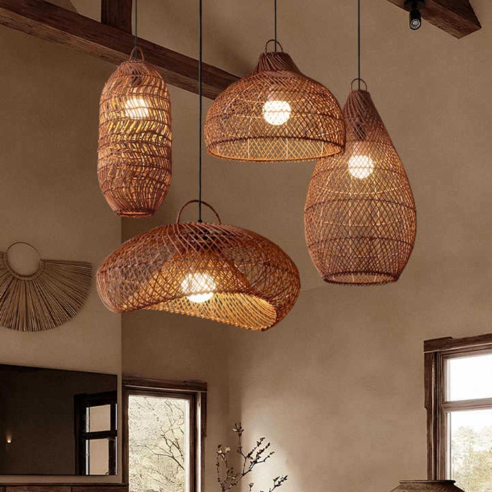 Wabi-sabi Style Natural Dark Rattan Pendant Light Living Room Dining Room Lampshade