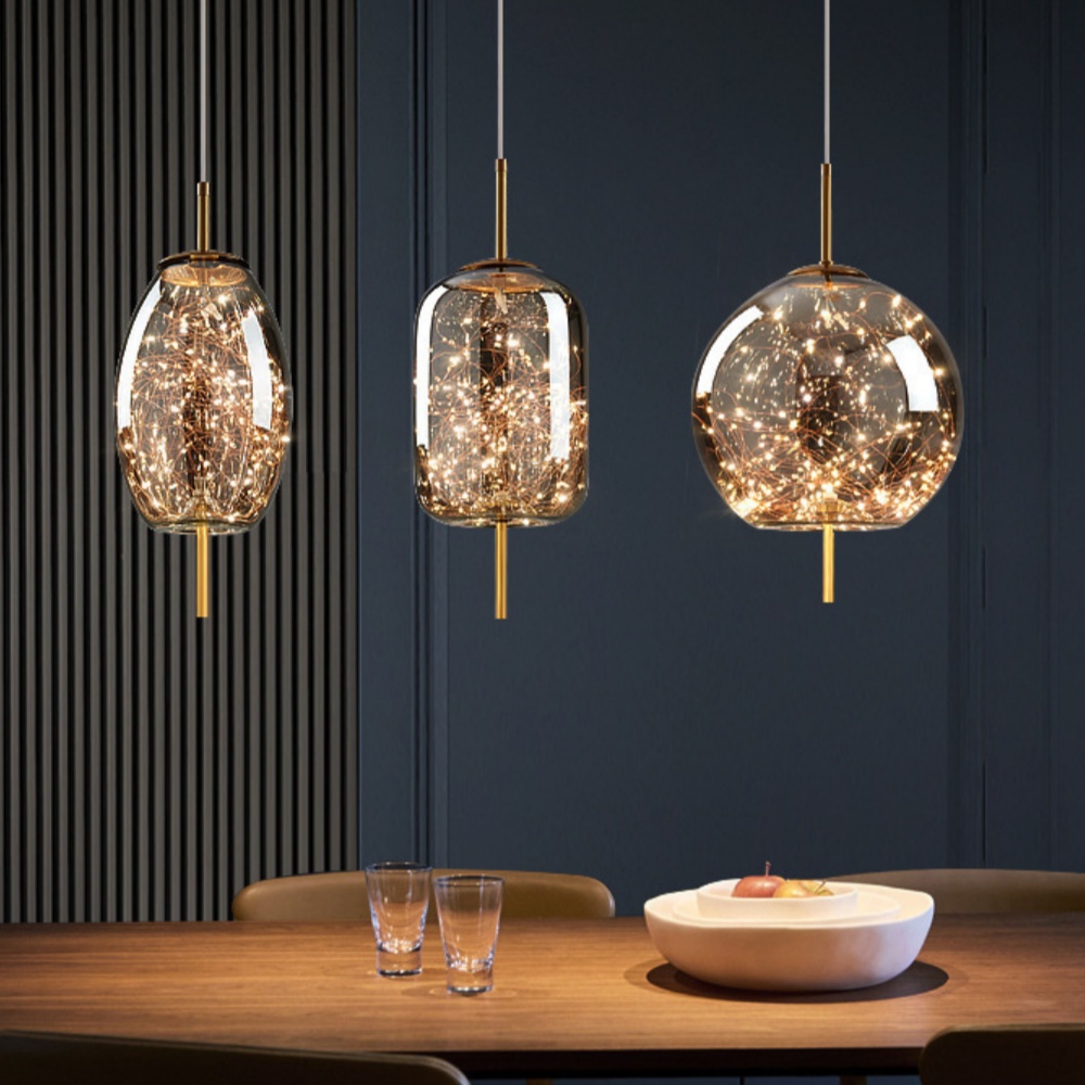 Nordic Kitchen Island Amber Glass Pendant Light Starry Sky 4-Head Chandelier