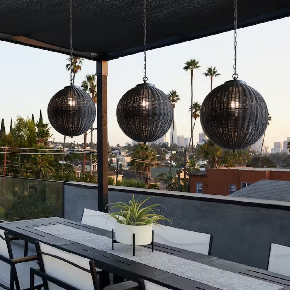 Outdoor Waterproof Black Rattan Pendant Light Garden Balcony Pavilion Landscape Light