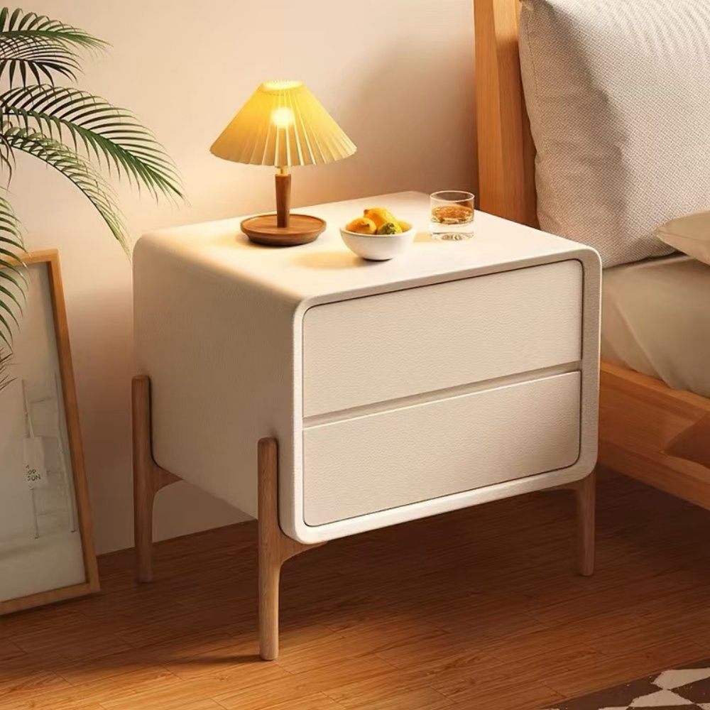 Nordic Style Solid Wood Double Drawer Storage Cabinet Bedroom Bedside Table