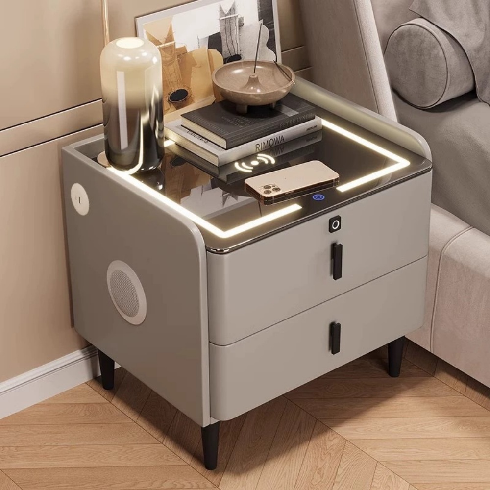 Smart Bedside Table Multifunctional Cabinet With Light Wireless Charging Speaker Fingerprint Unlocking