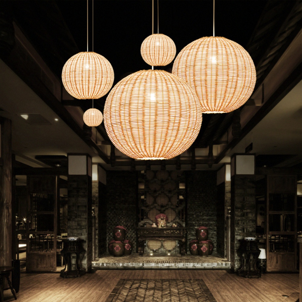 Wabi-sabi Rattan Pendant Light Living Room Staircase Lampshade