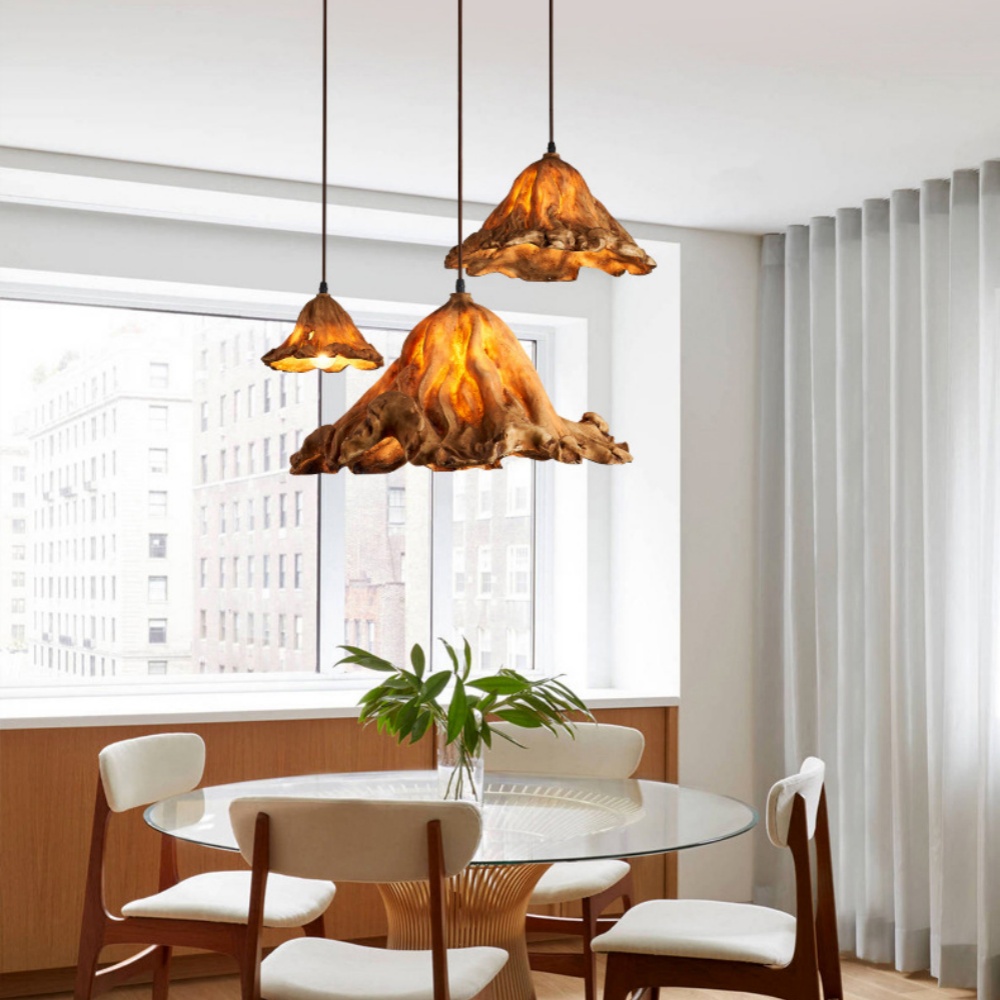 Vintage Lotus Leaf Shaped Resin Wood Color Pendant Light Dining Room Bedroom Chandelier