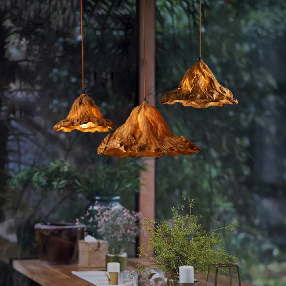 Vintage Lotus Leaf Shaped Resin Wood Color Pendant Light Dining Room Bedroom Chandelier