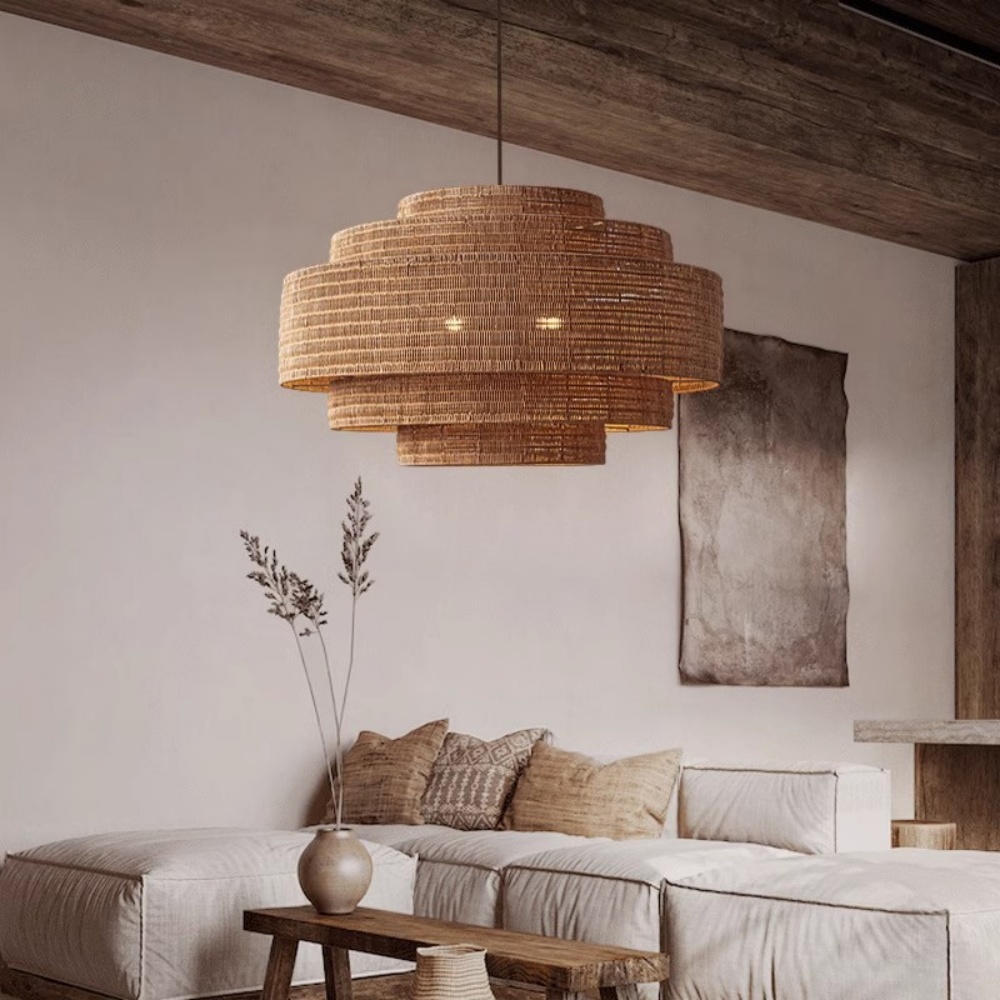 Wabi-sabi Style Living Room Pendant Light Brown Multi-layer Hand-woven Rattan Lamp