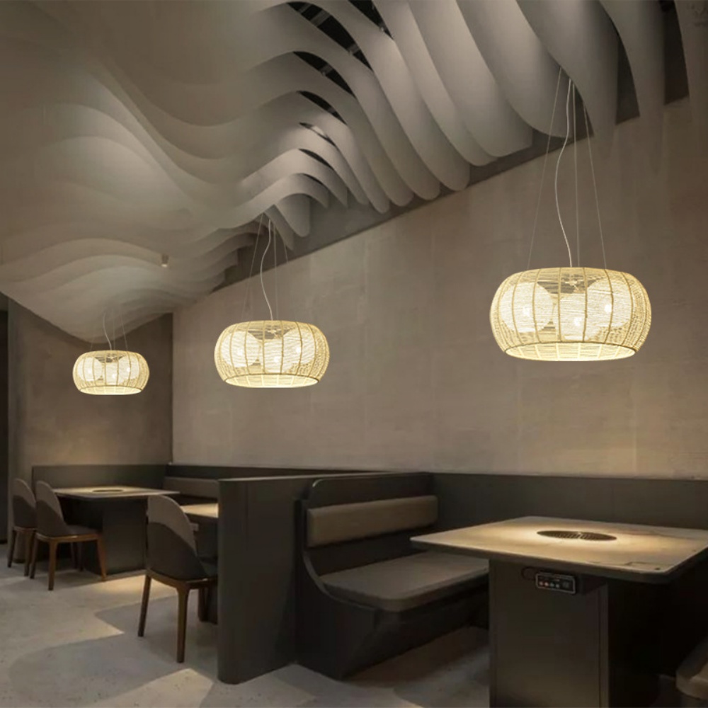 Japanese Style Hemp Rope Pendant Light Bedroom Living Room Round Lampshade