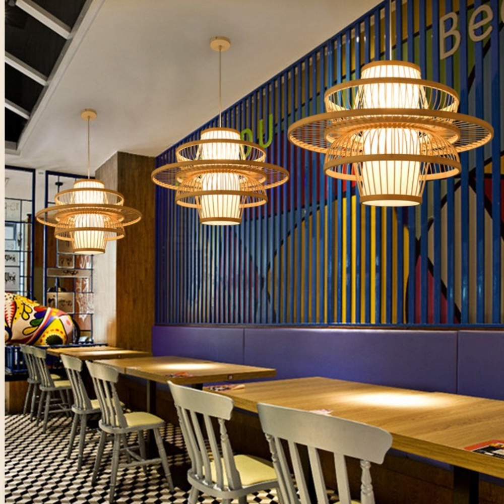 Japanese Bamboo Multi-layer Ring Pendant Light Living Room Dining Table Lampshade