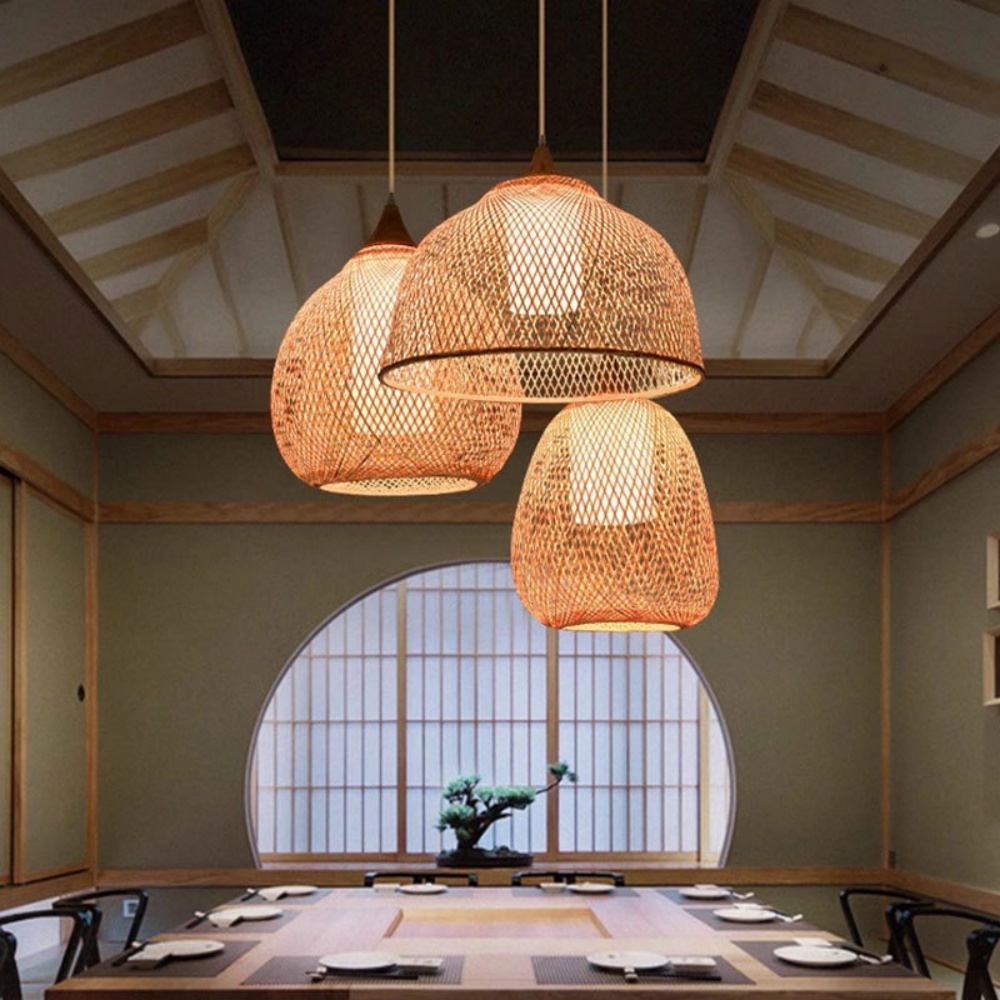 3-Head Pendant Lights Hand-wove Bamboo Lampshade Wabi-sabi Style Dining Room Lamp