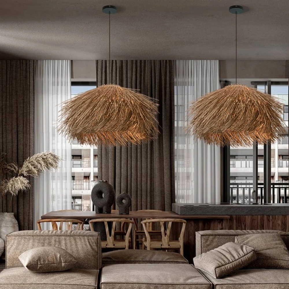 Wabi-sabi Style Hand-woven Rattan Straw Hat Pendant Light Farmhouse Living Room Lampshade
