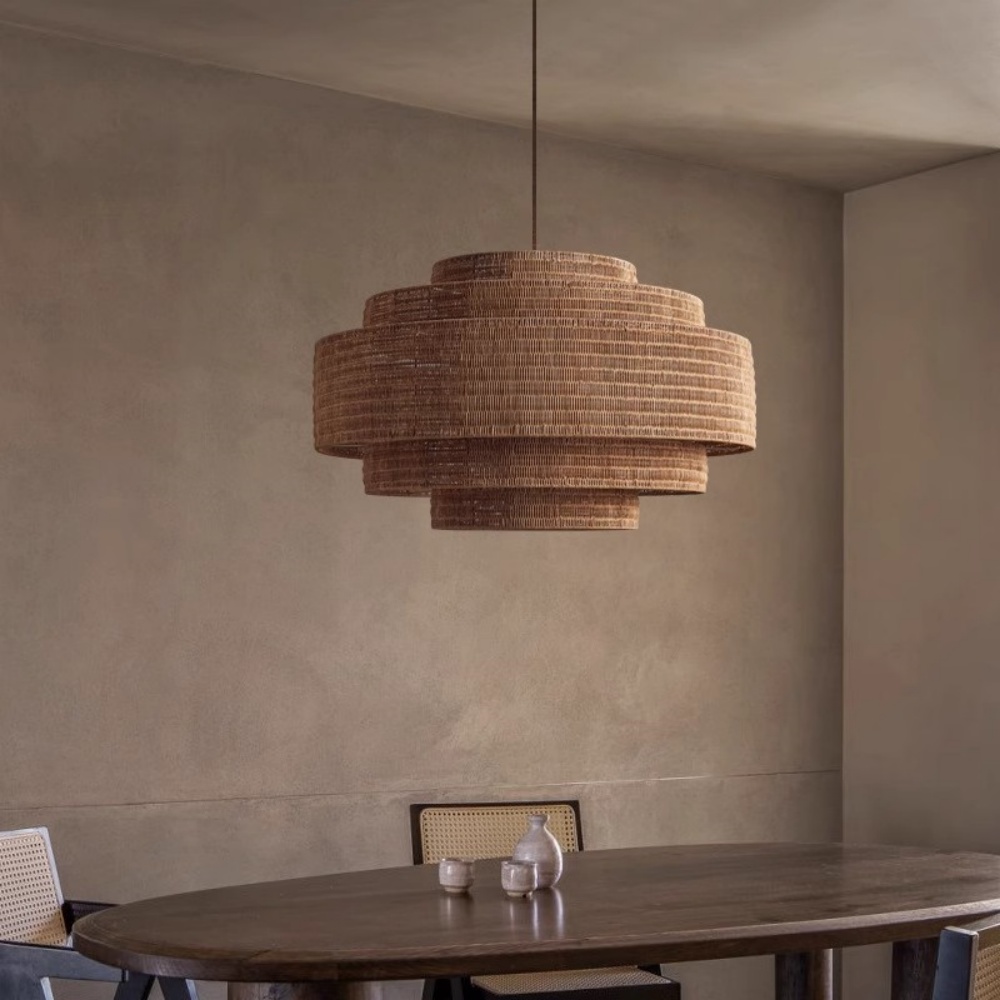 Wabi-sabi Style Living Room Pendant Light Brown Multi-layer Hand-woven Rattan Lamp