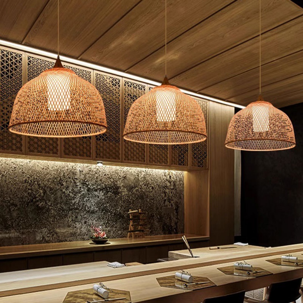 3-Head Pendant Lights Hand-wove Bamboo Lampshade Wabi-sabi Style Dining Room Lamp