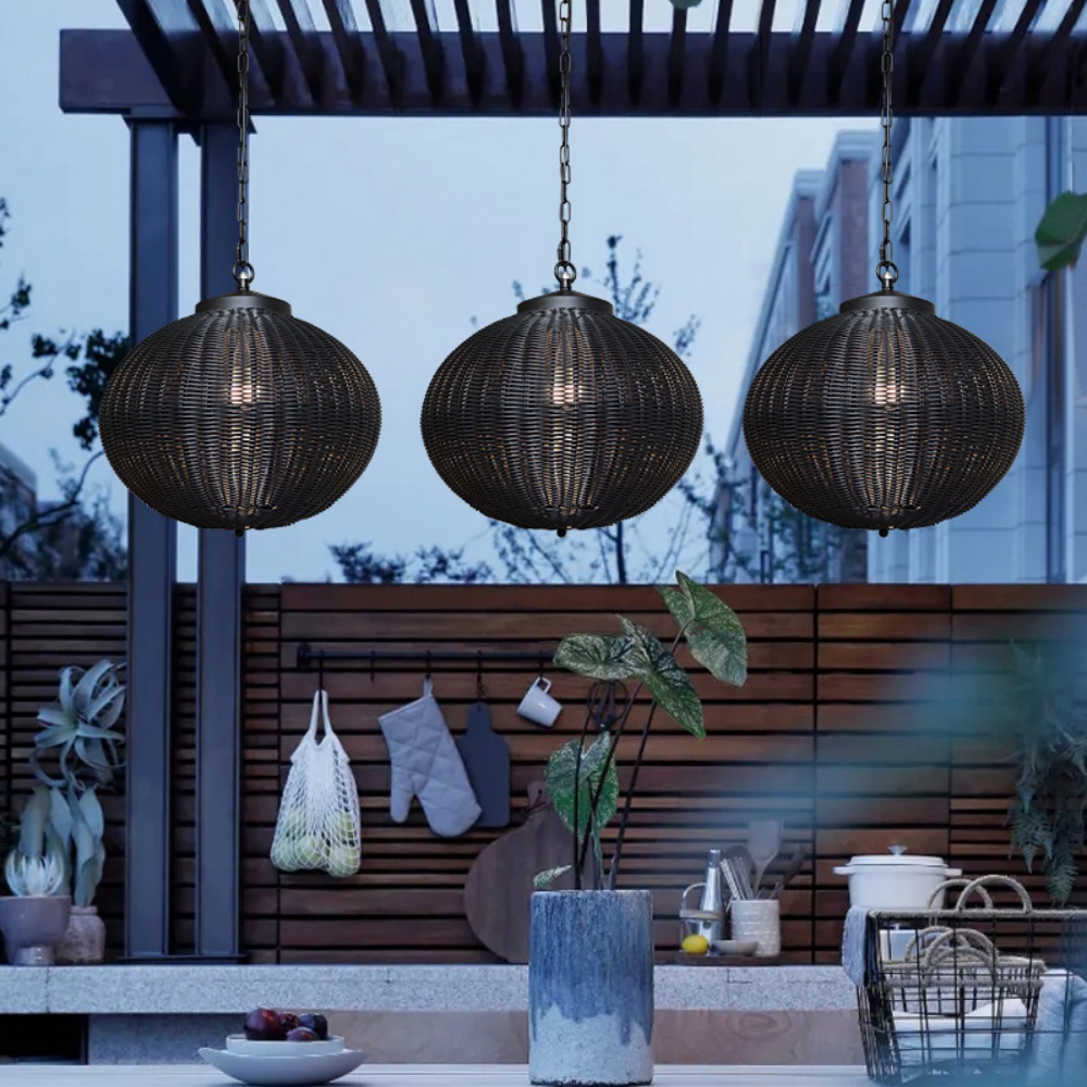 Outdoor Waterproof Black Rattan Pendant Light Garden Balcony Pavilion Landscape Light