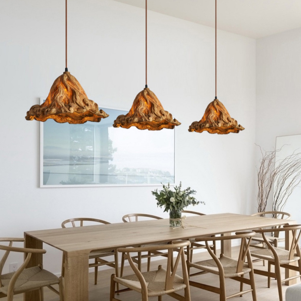 Vintage Lotus Leaf Shaped Resin Wood Color Pendant Light Dining Room Bedroom Chandelier