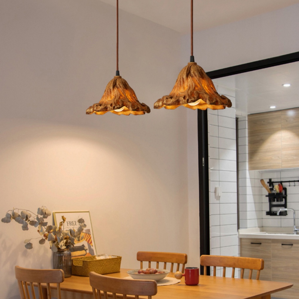 Vintage Lotus Leaf Shaped Resin Wood Color Pendant Light Dining Room Bedroom Chandelier