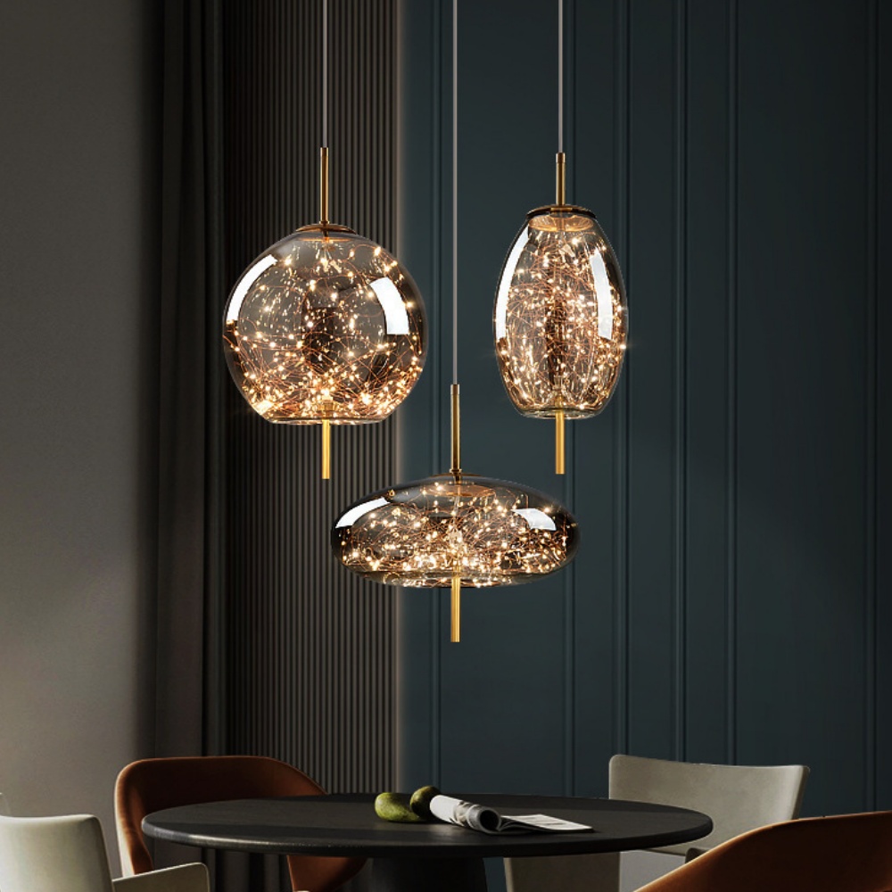 Nordic Kitchen Island Amber Glass Pendant Light Starry Sky 4-Head Chandelier