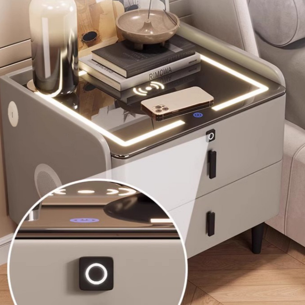 Smart Bedside Table Multifunctional Cabinet With Light Wireless Charging Speaker Fingerprint Unlocking