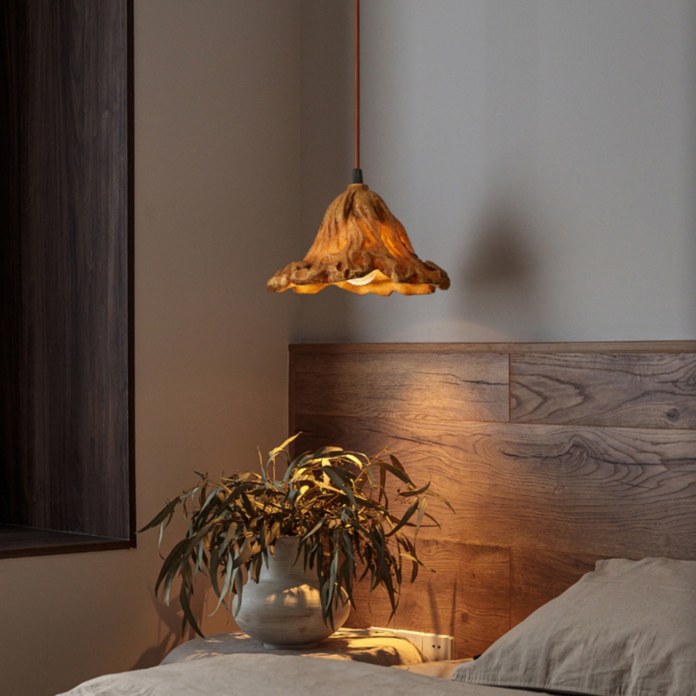 Vintage Lotus Leaf Shaped Resin Wood Color Pendant Light Dining Room Bedroom Chandelier