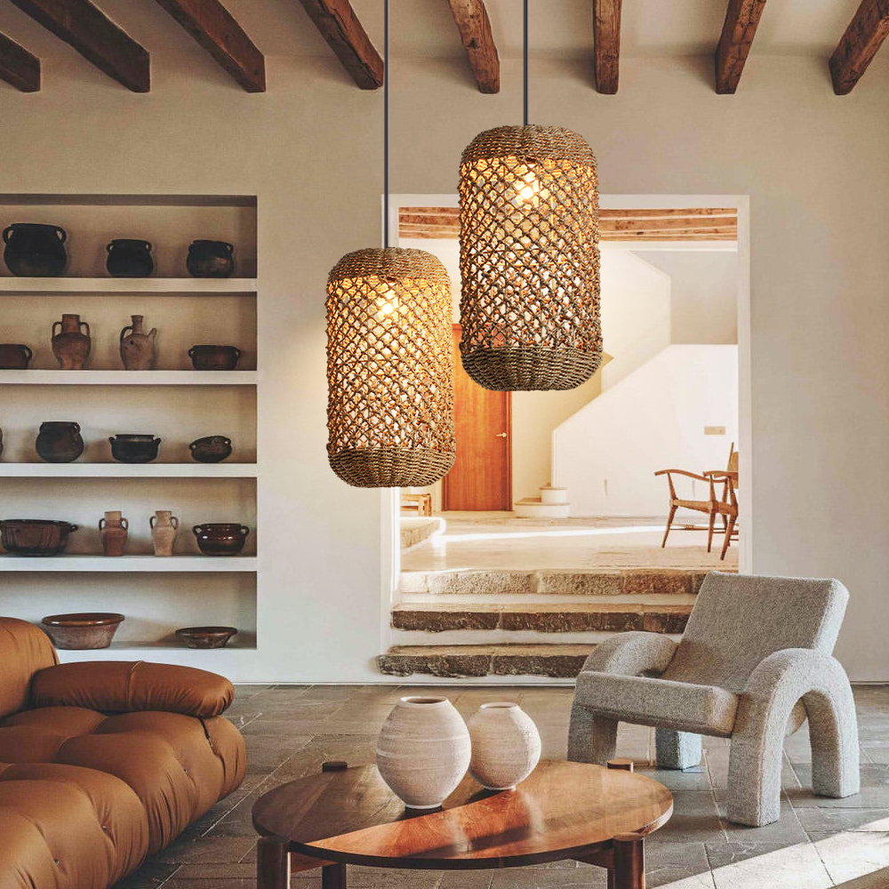 Wabi-sabi Style Hand-woven Rattan Pendant Light Bedroom Restaurant Lampshade
