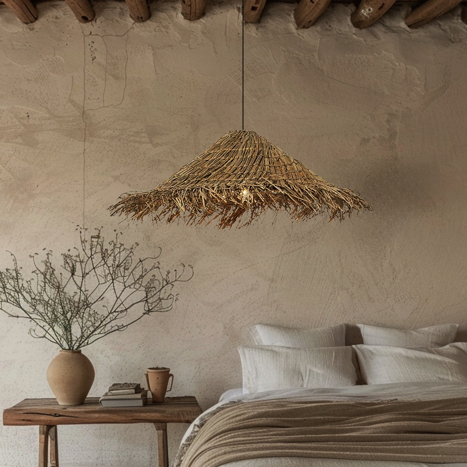 Wabi-sabi Style Chandelier Bedroom Rattan Tassel Straw Hat Pendant Lights