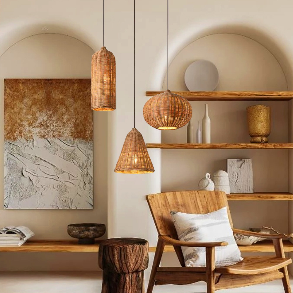 Wabi-sabi Style Creative Three-in-one Living Room Lampshade Natural Rattan Cluster Ceiling Light