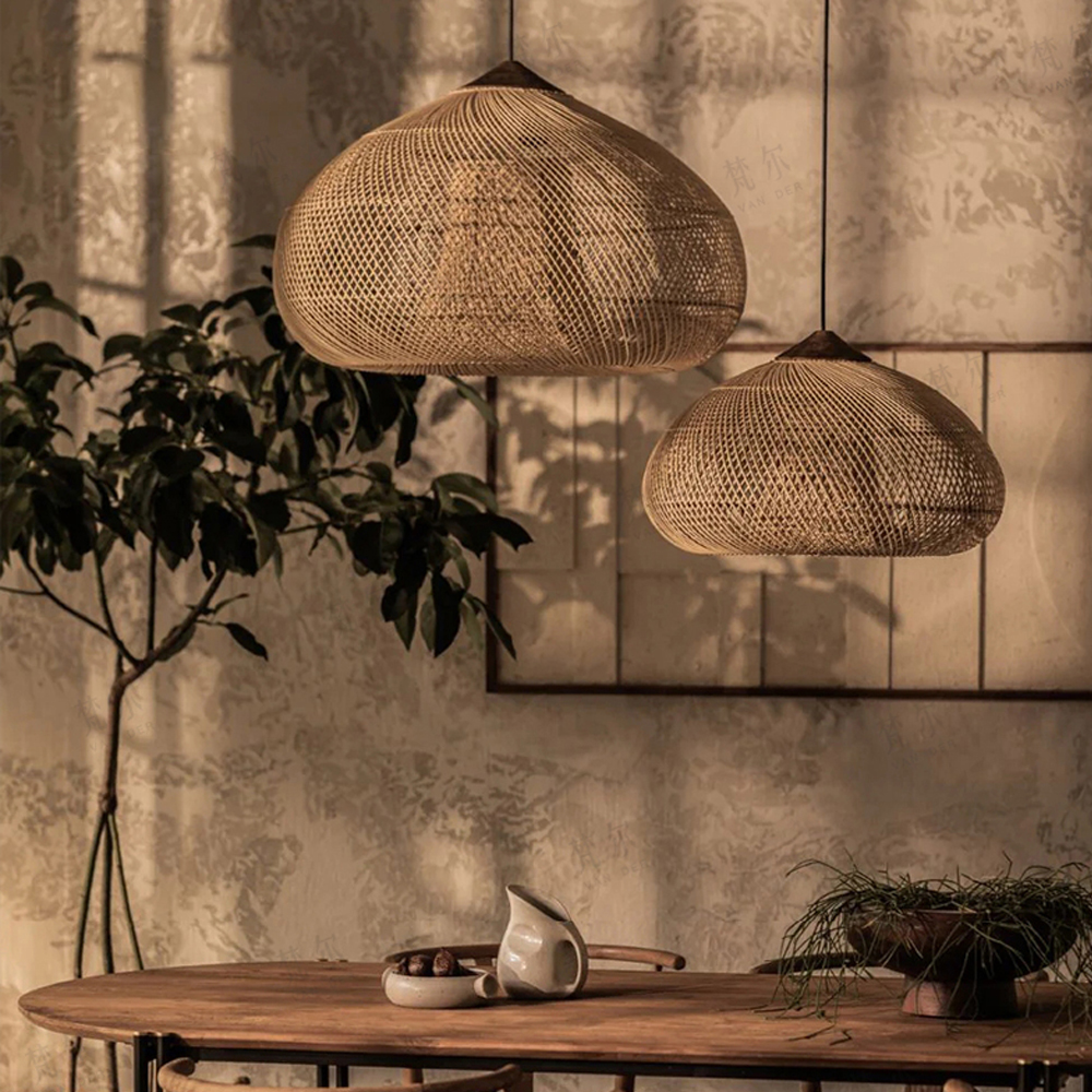 Wabi-sabi Retro Living Room Rattan Pendant Light Solid Wood Restaurant Lampshade