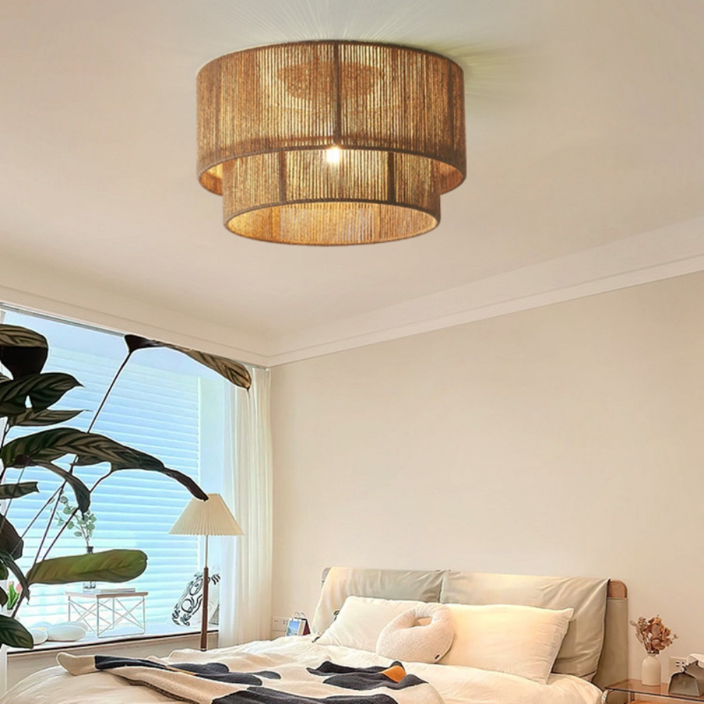Wabi-sabi Style Living Room Bedroom Lamp Double Layer Hemp Rope Ceiling Light
