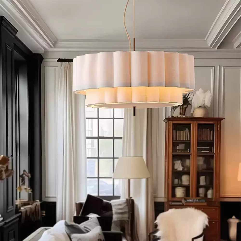 French Cream Living Room Double Layer Cake Shaped Fabric Pendant Light