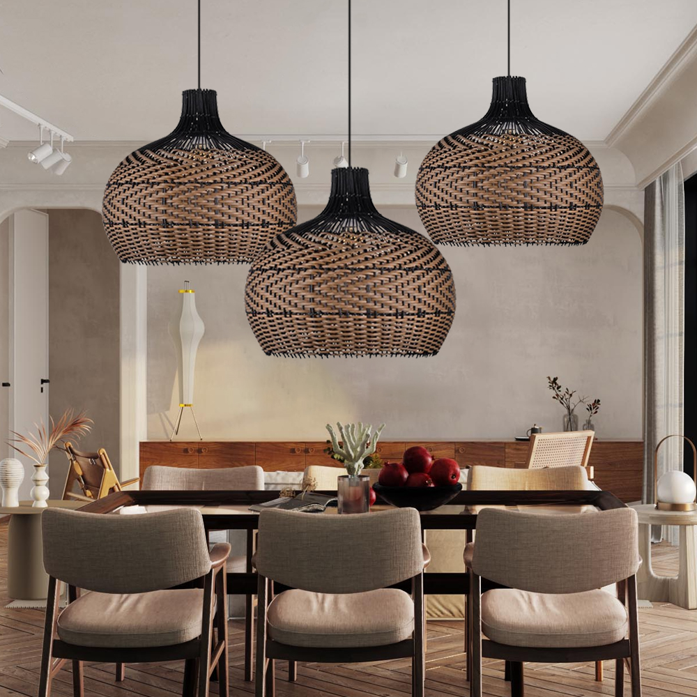 Dark Color Black Brown Stripes Rattan Pendant Shade