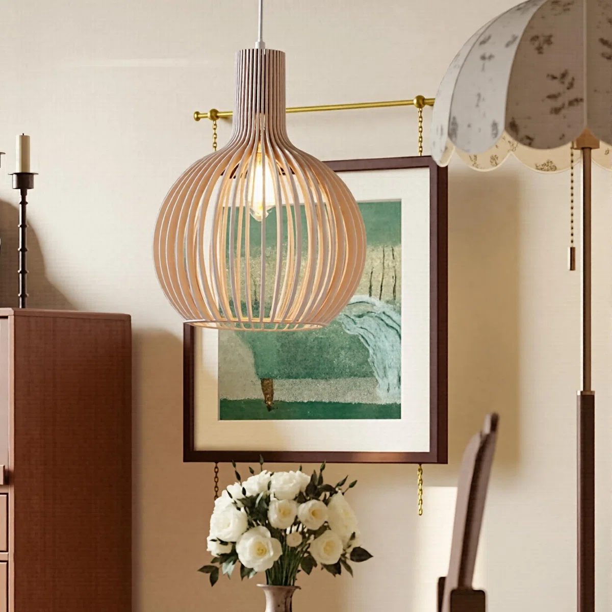 Living Room Wood Birdcage Pendant Light Dining Room Kitchen Chandelier