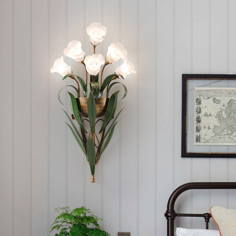 6-Heads French Pastoral Flower Wall Lamp Bedroom Corridor Lamp